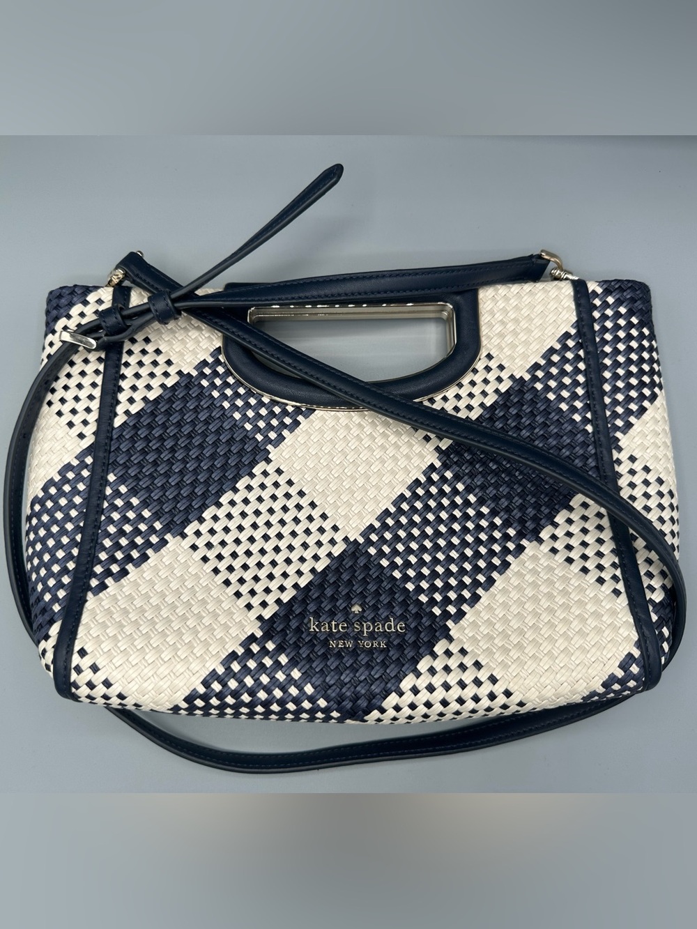 kate spade Alexis Gingham Navy and White Woven Crossbody Clutch